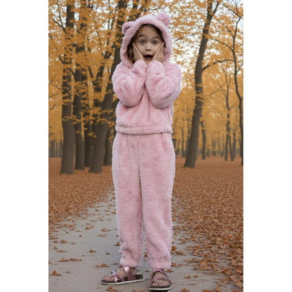 Girls 2 Piece Outfits Sweatsuit Fuzzy Long Sleeve Bear Ear Hoodie Sweatshirt and